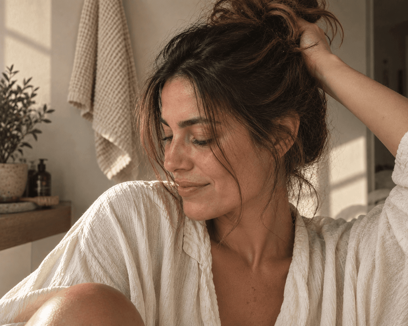 Femme relevant ses cheveux, lumière douce du matin dans la salle de bain